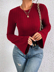 Vintage Inspired Ribbed Bell Sleeve Top - TEVQA