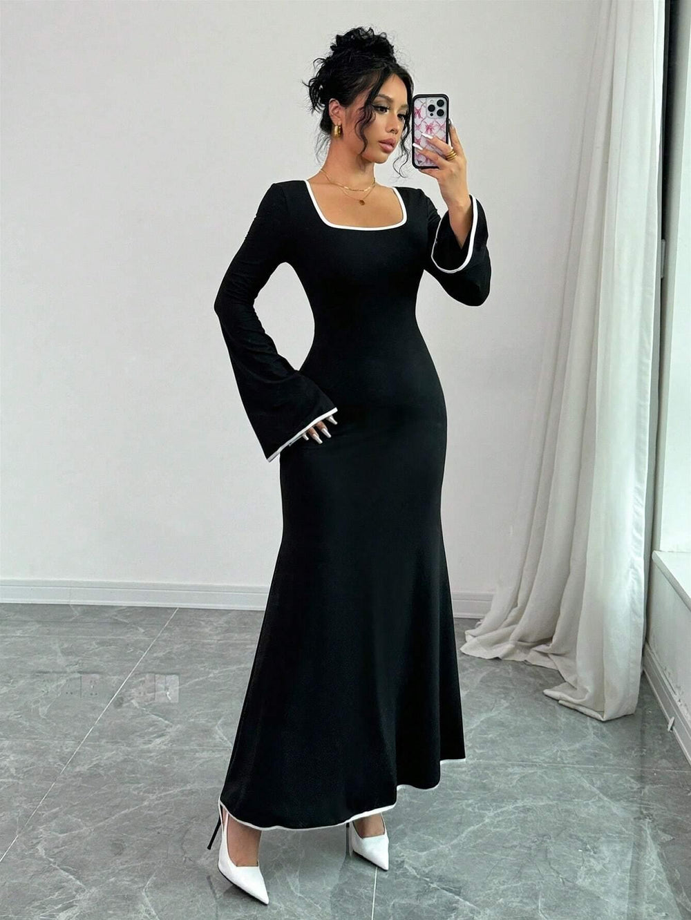 Vintage Inspired Square Neck Maxi Dress - TEVQA