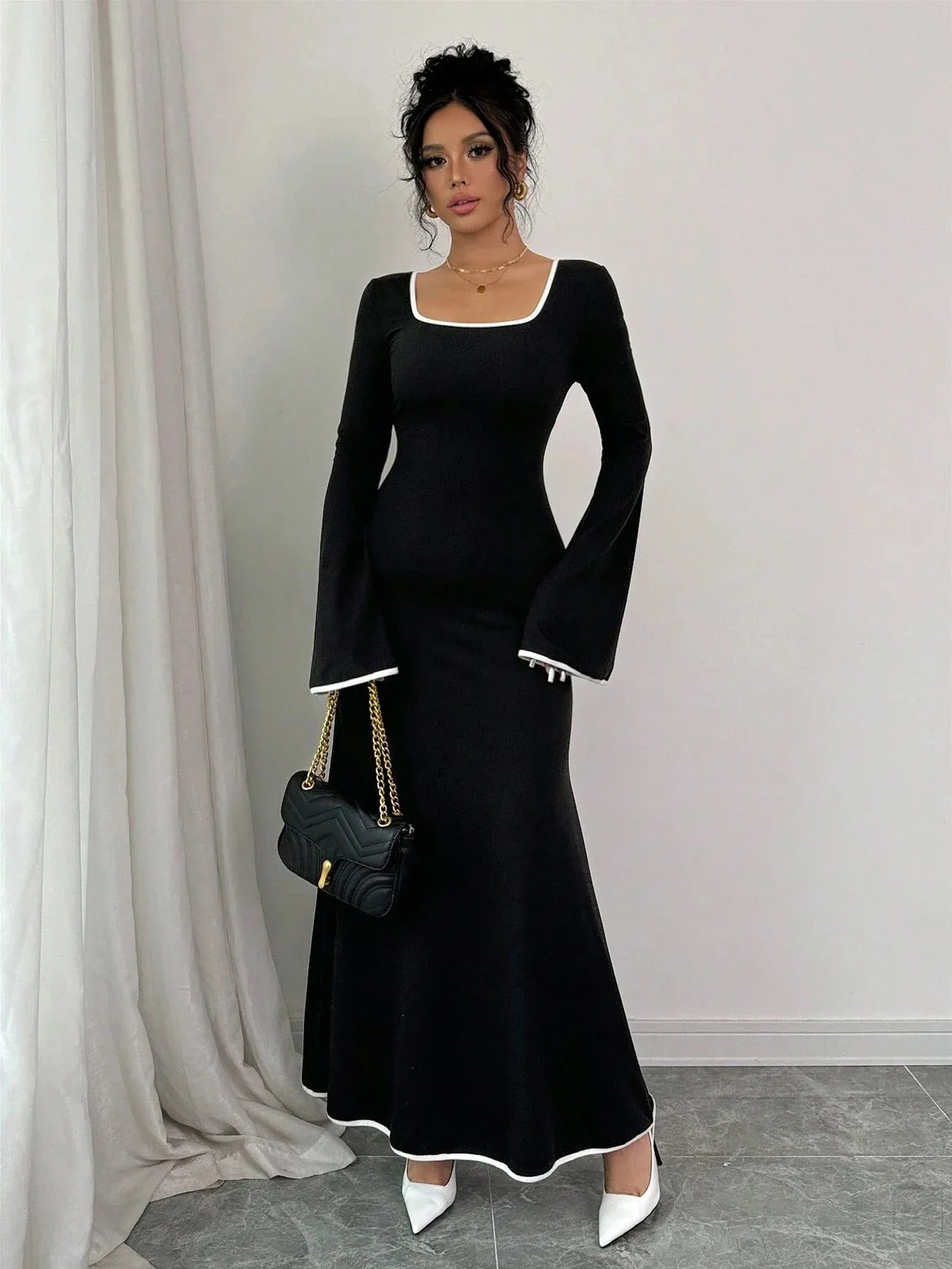 Vintage Inspired Square Neck Maxi Dress - TEVQA