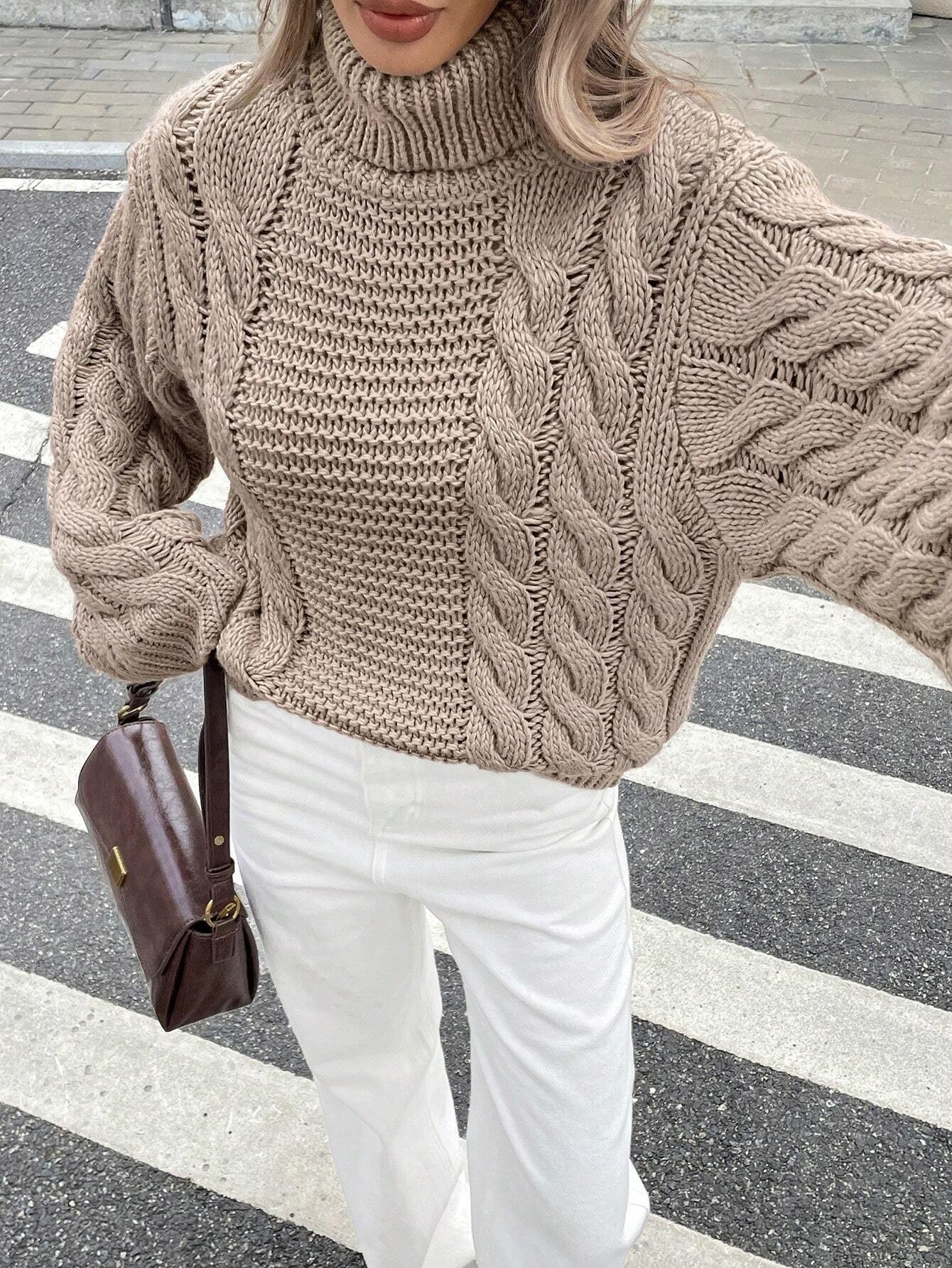 Vintage Mocha Bell Sleeve Cable Knit Sweater - TEVQA