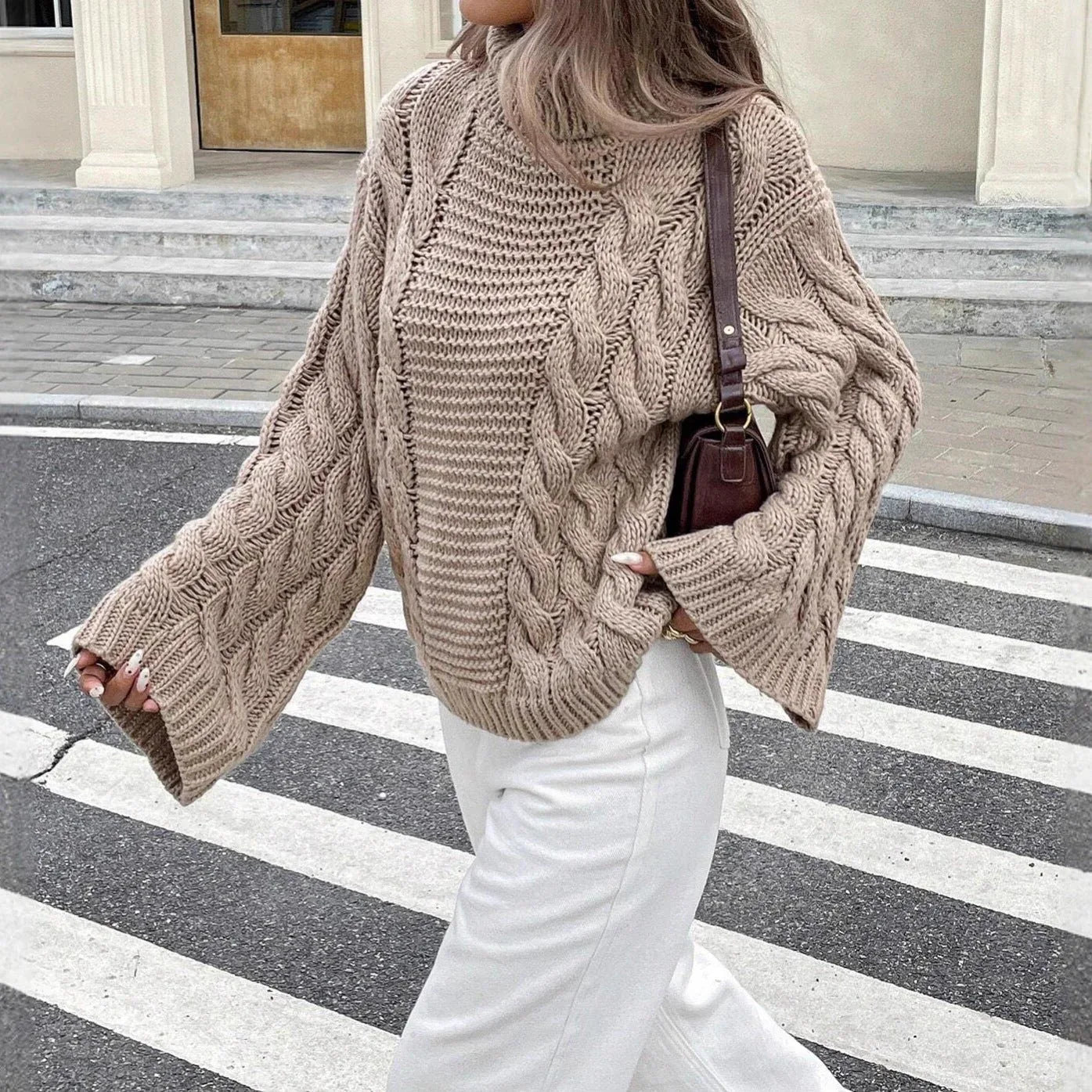 Vintage Mocha Bell Sleeve Cable Knit Sweater - TEVQA