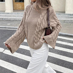 Vintage Mocha Bell Sleeve Cable Knit Sweater - TEVQA