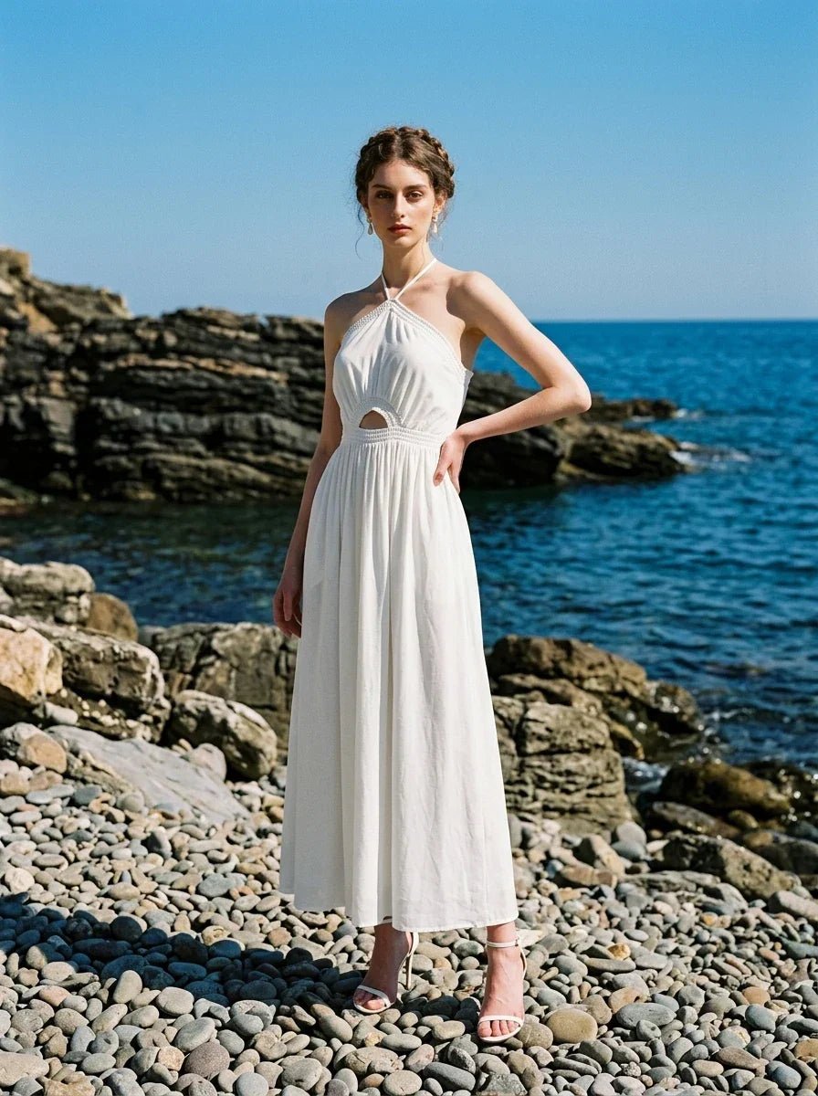 White Halterneck Cut Out Maxi Dress - TEVQA