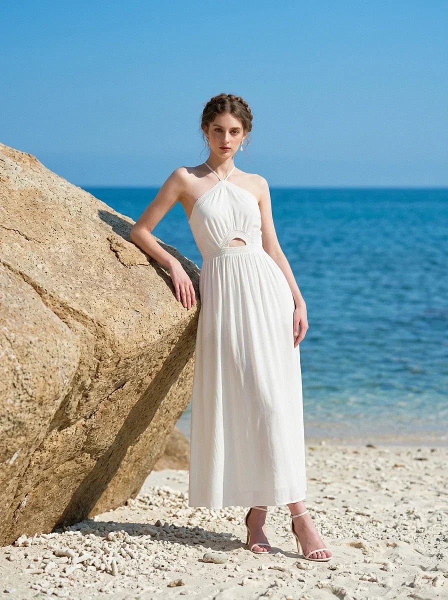 White Halterneck Cut Out Maxi Dress - TEVQA