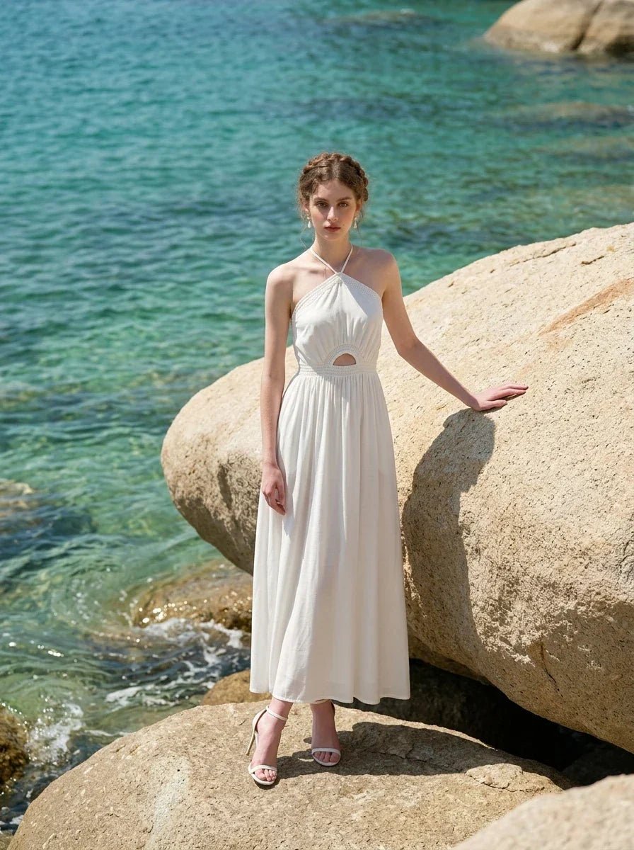 White Halterneck Cut Out Maxi Dress - TEVQA