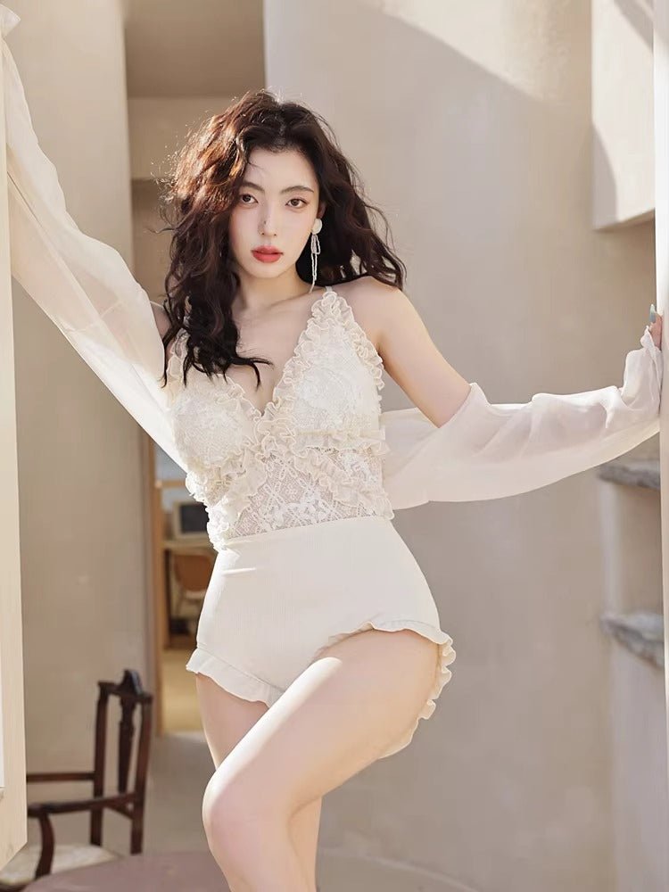 White Lace One - Piece Swimsuit with Cover Up - TEVQA