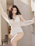 White Lace One - Piece Swimsuit with Cover Up - TEVQA