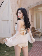 White Lace One - Piece Swimsuit with Cover Up - TEVQA
