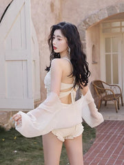 White Lace One - Piece Swimsuit with Cover Up - TEVQA