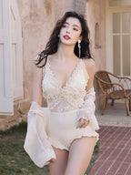 White Lace One - Piece Swimsuit with Cover Up - TEVQA
