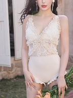 White Lace One - Piece Swimsuit with Cover Up - TEVQA