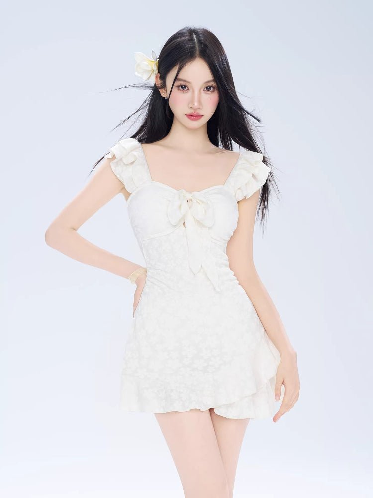 White Ruffled Tie - Front One - Piece Swimdress - TEVQA