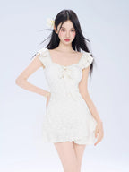 White Ruffled Tie - Front One - Piece Swimdress - TEVQA