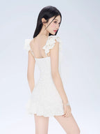White Ruffled Tie - Front One - Piece Swimdress - TEVQA