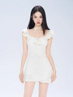 White Ruffled Tie - Front One - Piece Swimdress - TEVQA