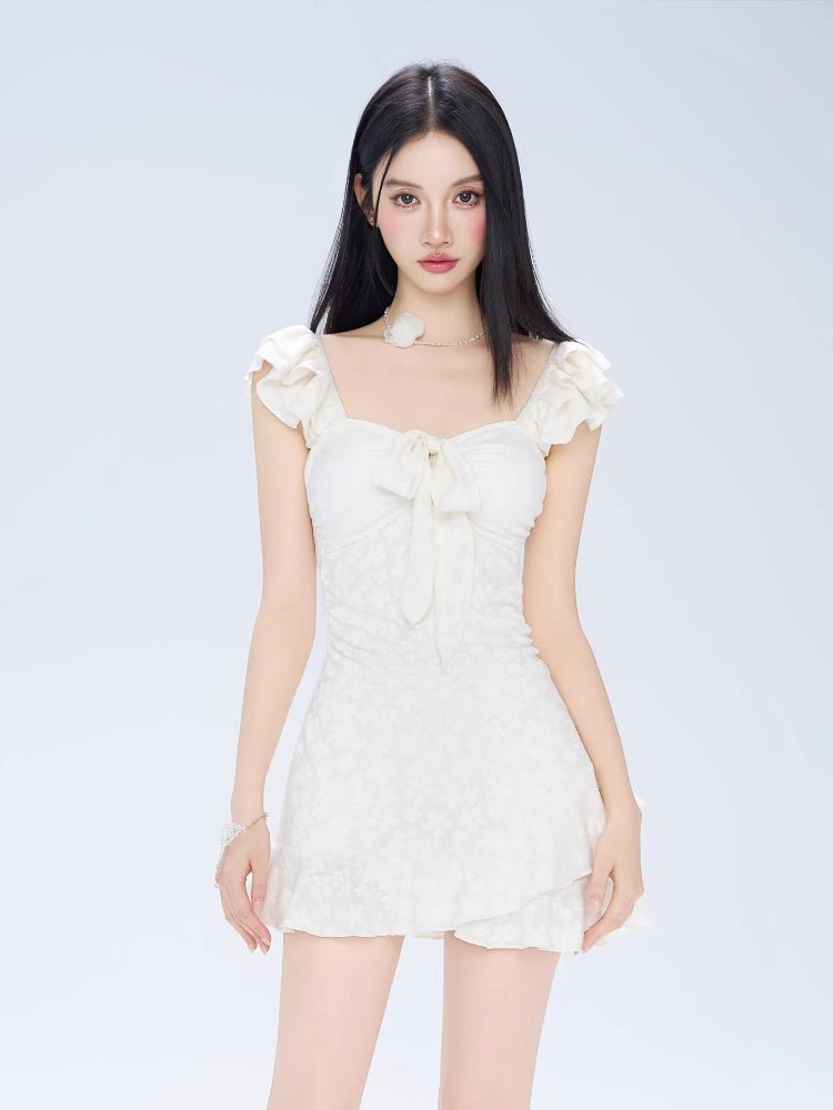 White Ruffled Tie - Front One - Piece Swimdress - TEVQA