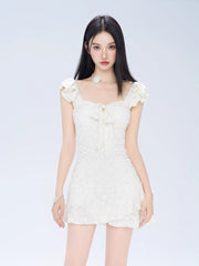 White Ruffled Tie - Front One - Piece Swimdress - TEVQA