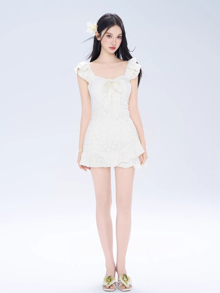 White Ruffled Tie - Front One - Piece Swimdress - TEVQA