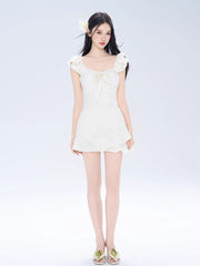 White Ruffled Tie - Front One - Piece Swimdress - TEVQA