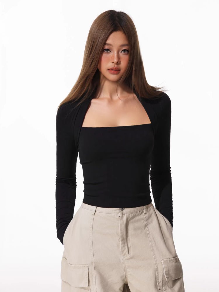 Women's Black Mock Two - Piece Bolero Slim Crop Top - TEVQA