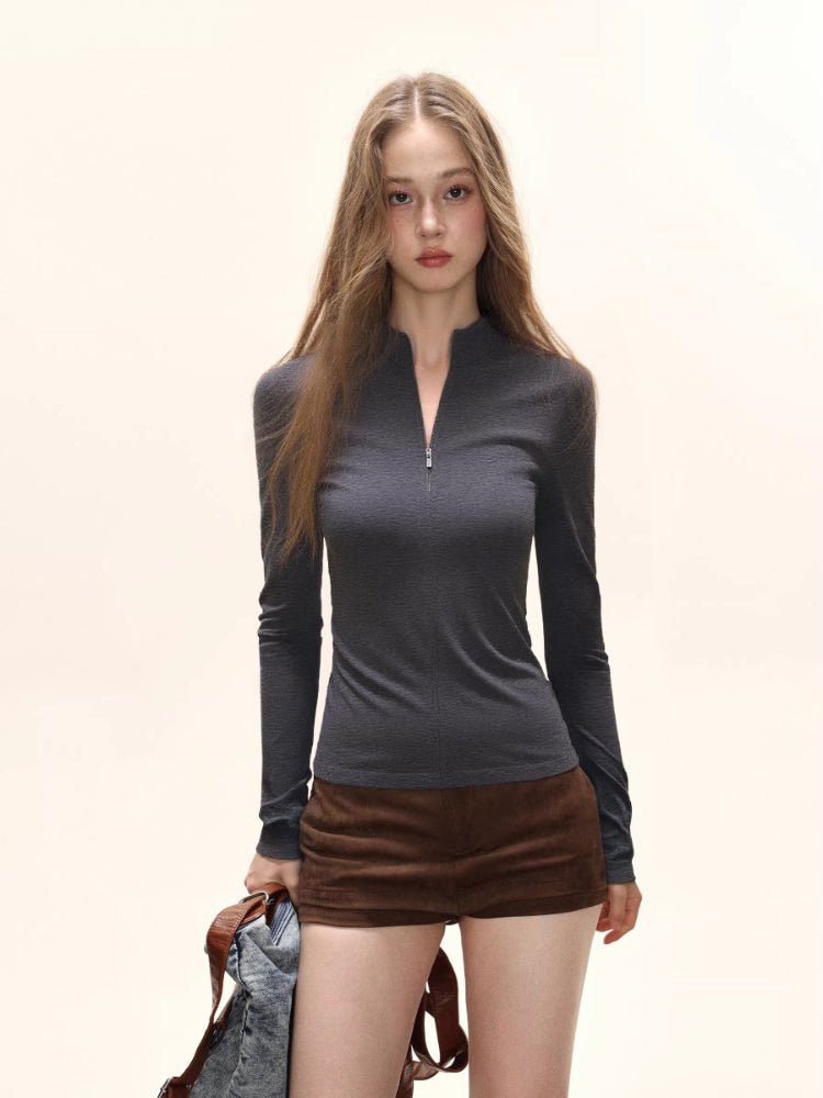 Women's Half Zip Mock Neck Long Sleeve Slim Fit Top - TEVQA