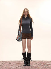Women's Half Zip Mock Neck Long Sleeve Slim Fit Top - TEVQA