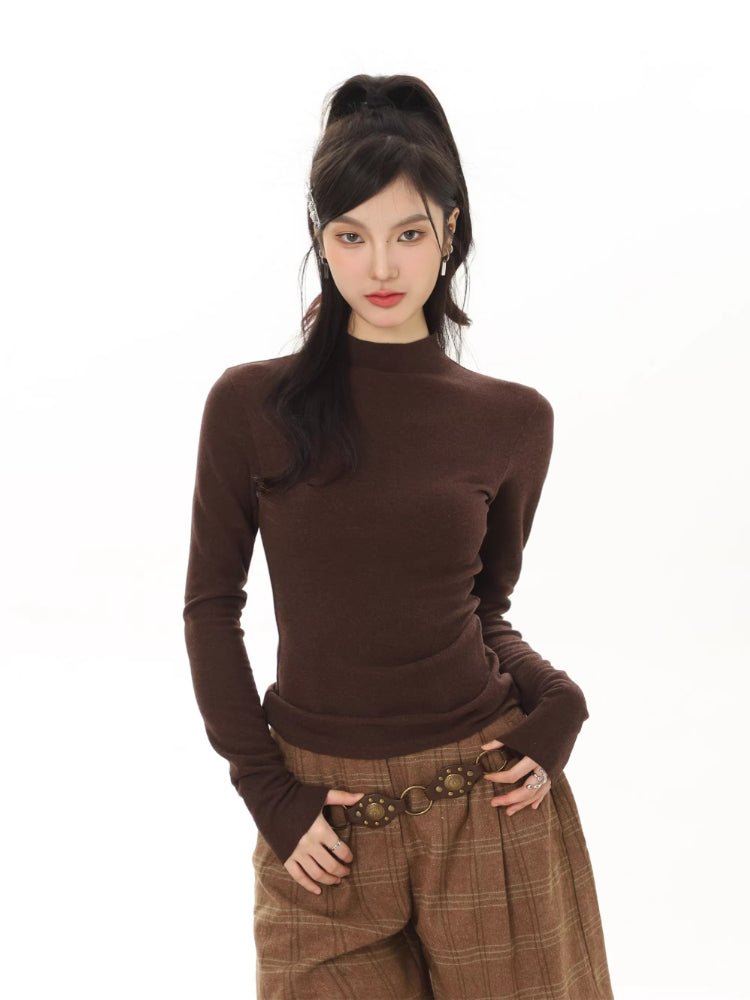 Women's Mock Neck Brushed Seamless Knit Top Slim Fit Long Sleeve - TEVQA