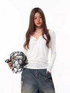 Women's Pink Long Sleeve Henley Slim Fit Knit Top - TEVQA