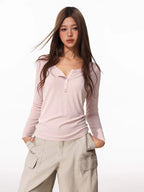 Women's Pink Long Sleeve Henley Slim Fit Knit Top - TEVQA