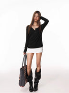 Women's Pink Long Sleeve Henley Slim Fit Knit Top - TEVQA