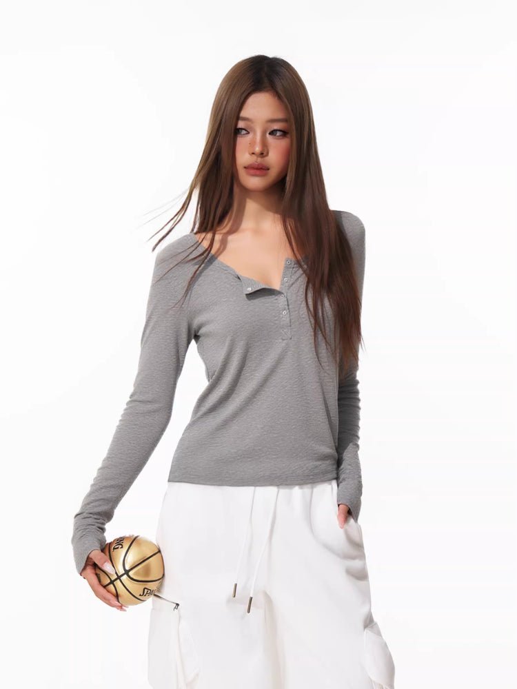 Women's Pink Long Sleeve Henley Slim Fit Knit Top - TEVQA