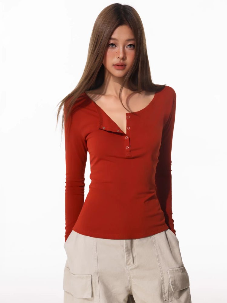 Women's Pink Long Sleeve Henley Slim Fit Knit Top - TEVQA