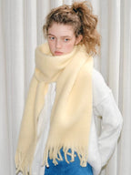Wool Blend Tassel Scarf Cream Yellow Winter Shawl - TEVQA