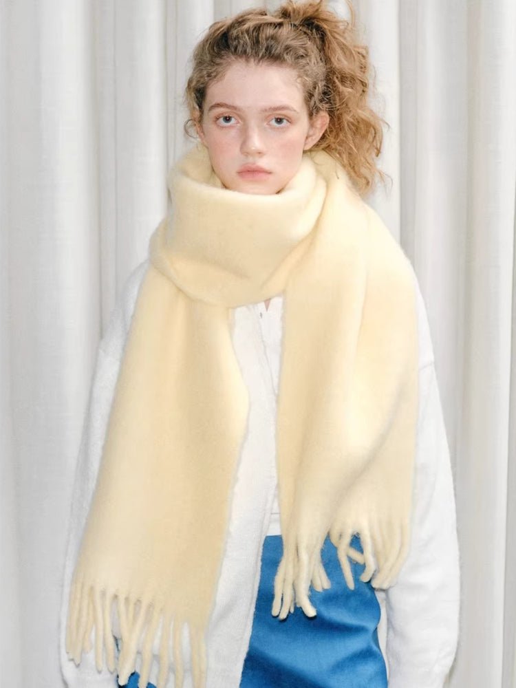 Wool Blend Tassel Scarf Cream Yellow Winter Shawl - TEVQA