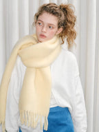 Wool Blend Tassel Scarf Cream Yellow Winter Shawl - TEVQA