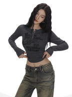 Y2K Grunge Graffiti Print Button - Front Henley Top - TEVQA