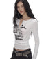 Y2K Grunge Graffiti Print Button - Front Henley Top - TEVQA