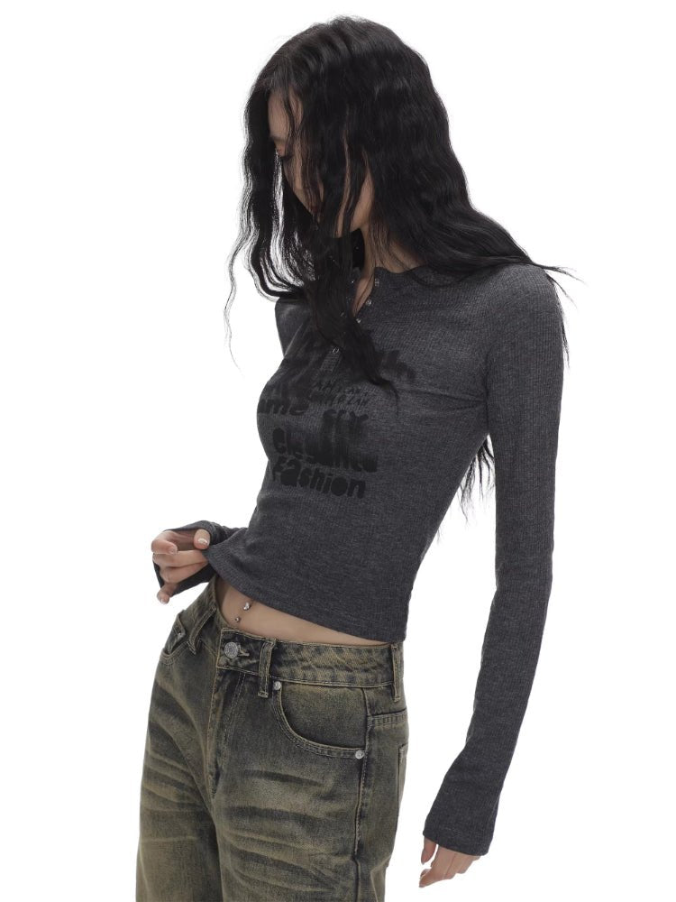 Y2K Grunge Graffiti Print Button - Front Henley Top - TEVQA