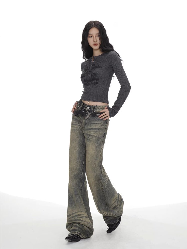 Y2K Grunge Graffiti Print Button - Front Henley Top - TEVQA