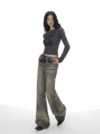 Y2K Grunge Graffiti Print Button - Front Henley Top - TEVQA