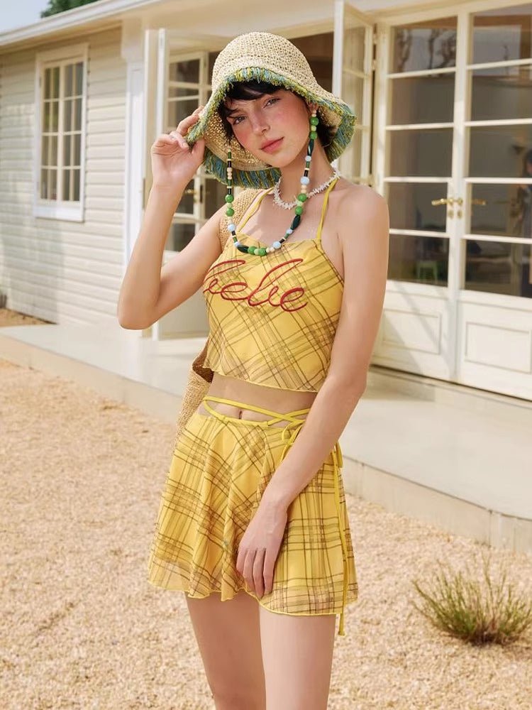Yellow Plaid Halter 3 - Piece Swimwear Set - TEVQA