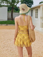 Yellow Plaid Halter 3 - Piece Swimwear Set - TEVQA