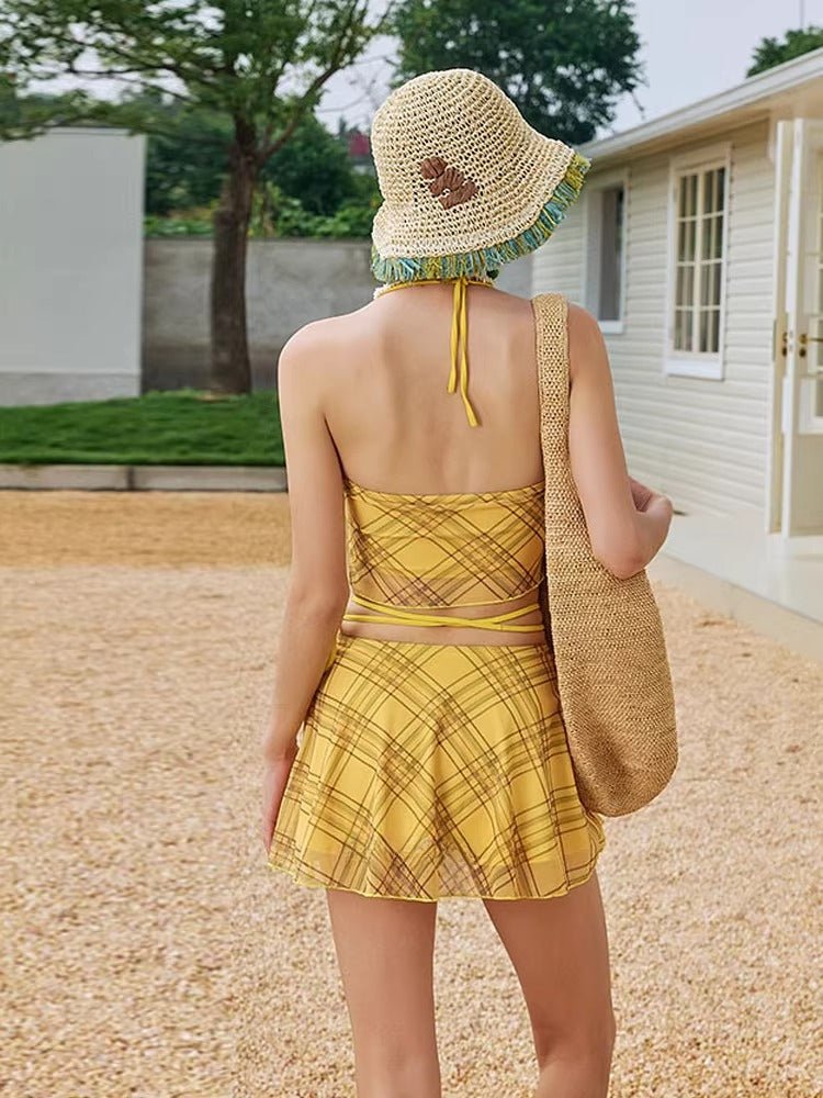 Yellow Plaid Halter 3 - Piece Swimwear Set - TEVQA